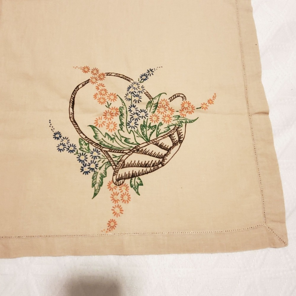 VTG  Painted Beige Tablecloth With Floral Basket Design 32" X 32" Square Cotton